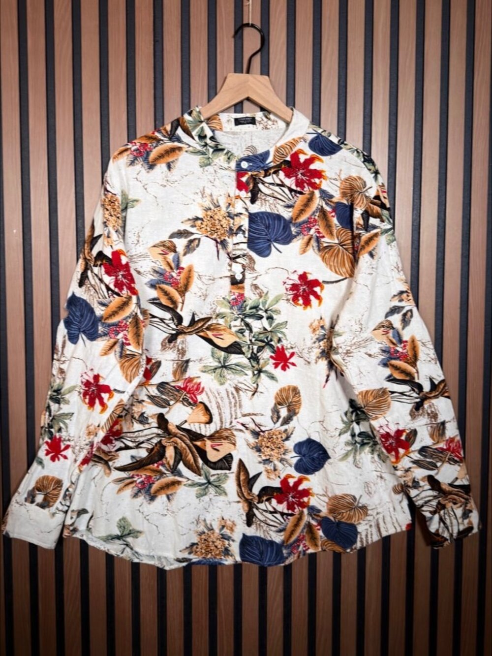 COOFANDY Shirt XL Womens Garden Ivy Floral Cotton Hemp Collarless Button Up
